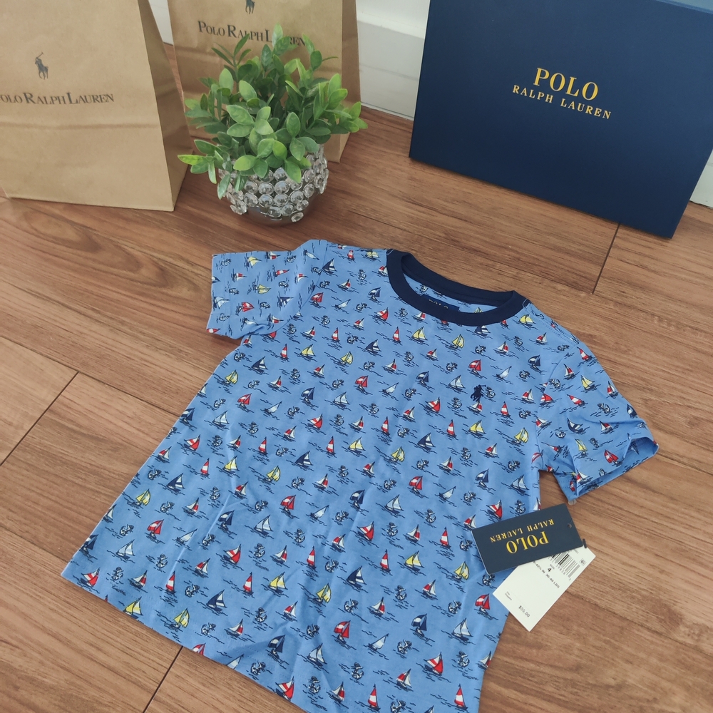 Polo by Ralph Lauren Light Blue Sailboat Print Tee with Navy Trim